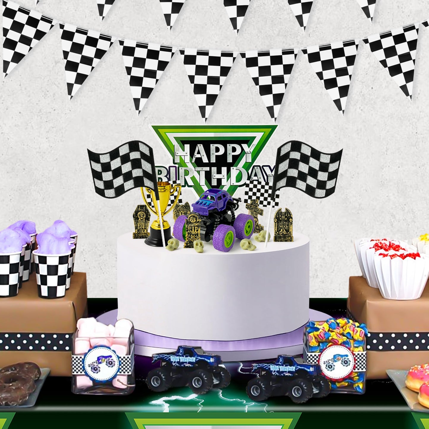 Haooryx Monster Truck Cake Topper - 40Pcs Green and Purple Monster Truck Cake Decoration Racing Car Dessert Cupcake Topper for Kid Boy Birthday Truck Theme Party Baby Shower Table Decoration Supply
