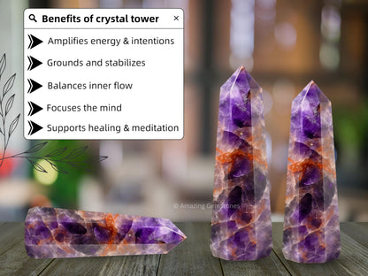 Amazing Gemstone Amethyst Chevron Crystal Towers ~ Natural Healing Crystal Point Obelisk for Reiki Healing and Crystal Grid (2" to 3" Inch)