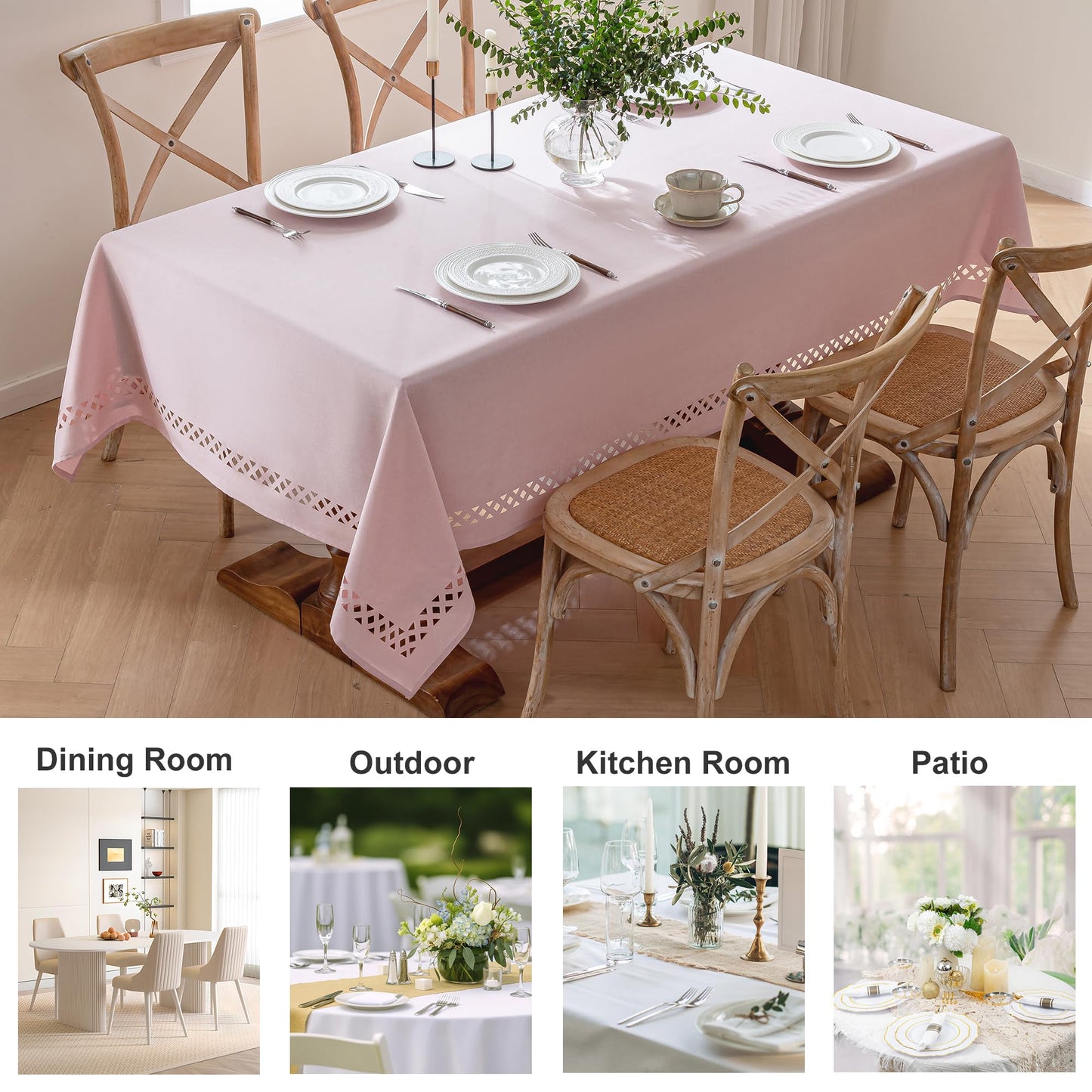 JIALE Pink Rectangle Linen Polyester Tablecloth with Decorative Cutouts, Waterproof Table Cloth Wrinkle Free Light Pink Valentines Farmhouse Dining Table Cover for Outdoor Party Camping, 55 x 70 inch