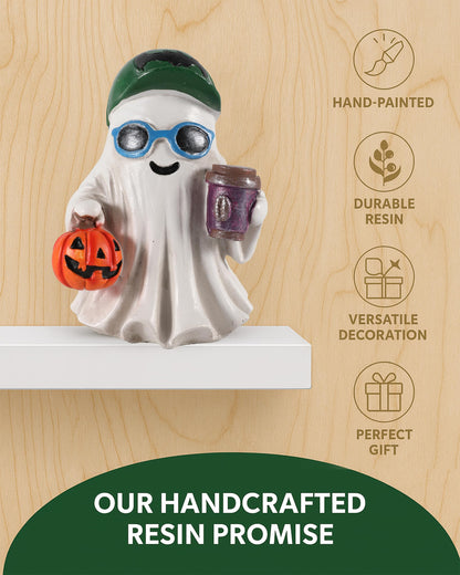 GoGnome Halloween Decorations Resin Ghost Figurines with Pumpkins and Coffee Cups Ice Cream – Set of 2 Festive Decor (White)
