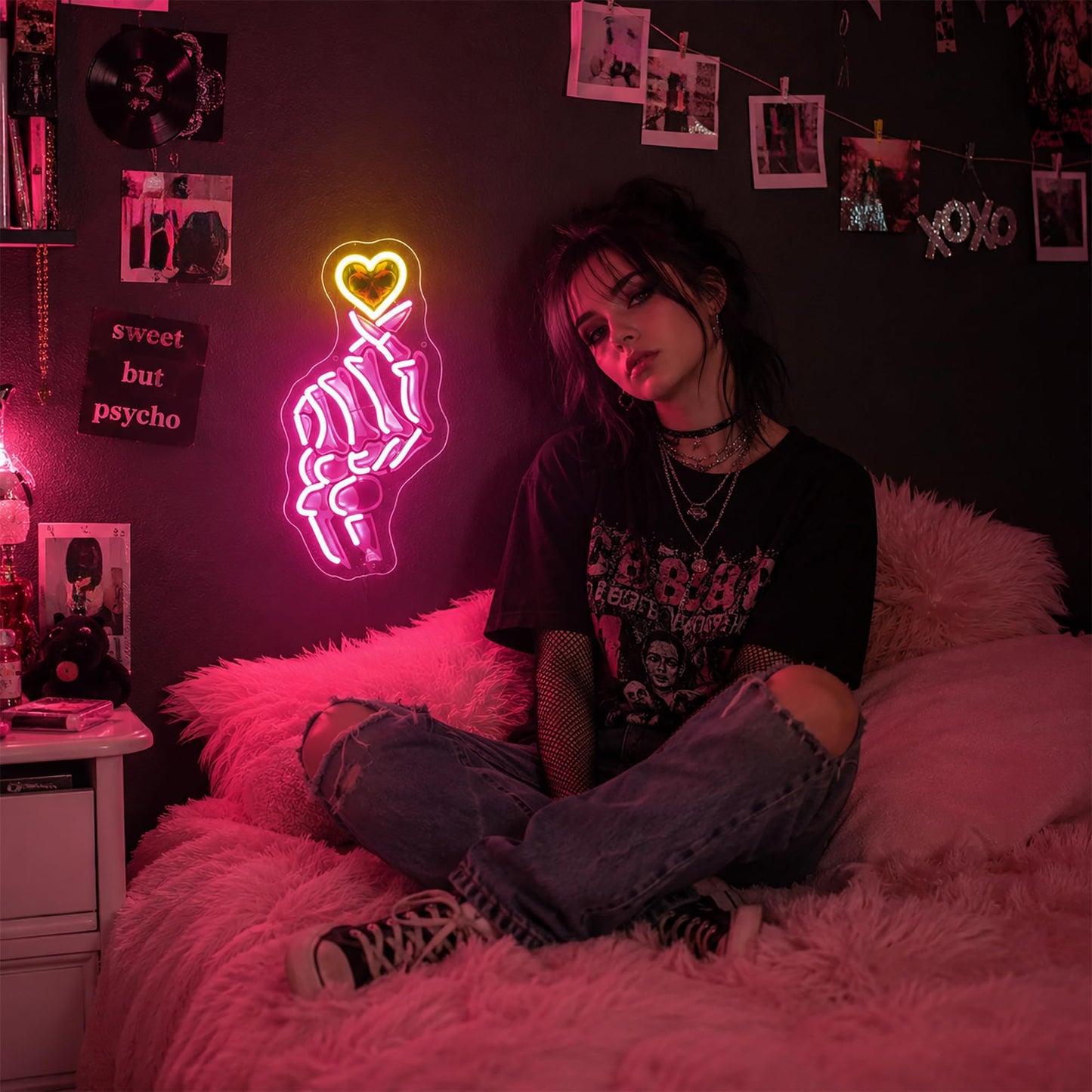 HSJNJKFU Pink & Yellow Neon Sign for Wall Decor Led Light Sign Neon Light for Room Party Home Wall Decor USB Powered - Skeleton Finger Heart