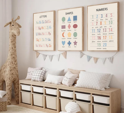 3Pcs Nursery Educational Wall Art Preschool Education Letter Number Posters Painting Pictures Wall Decor Canvas Prints artwork for Classroom Baby Boy's Baby Girl's Room Home Decoration Unframed