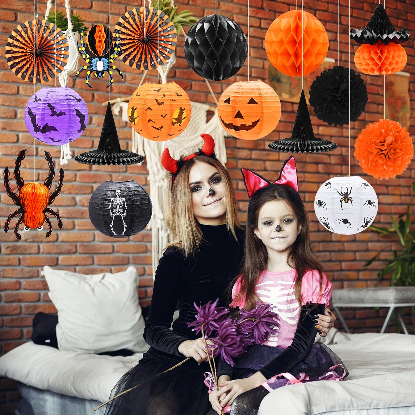 16-Pack Halloween Honeycomb Paper Lantern Ornaments – Hanging Decorations in Pumpkin, Spider, Witch Hat, and Ghost Designs for Halloween Party, Indoor Outdoor Décor, Fall Festival Supplies