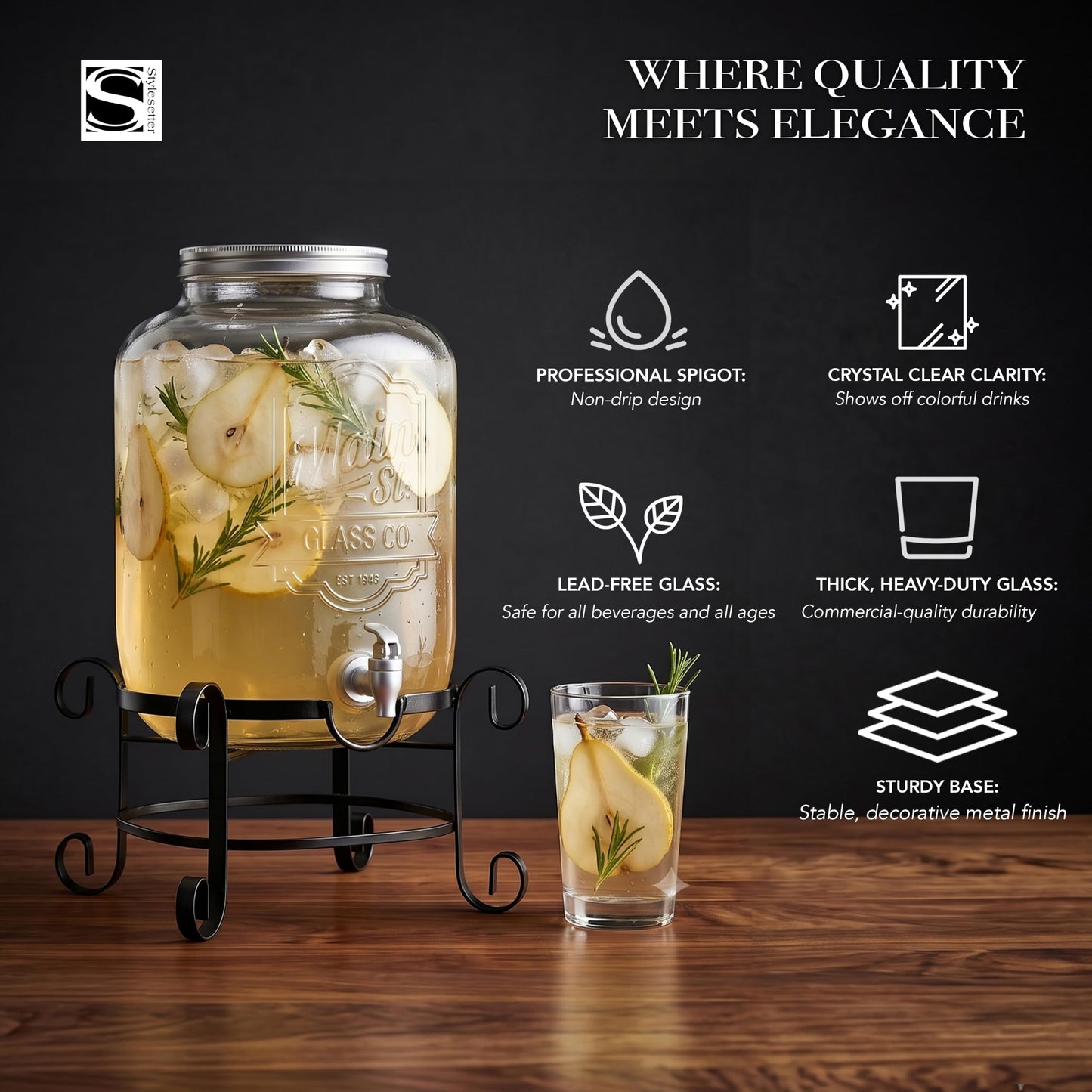 Style Setter Beverage Dispenser Cold Drink Dispenser w/ 3-Gallon Capacity Glass Jug, Metal Stand & Leak-Proof Acrylic Spigot Great for Parties, Weddings & More