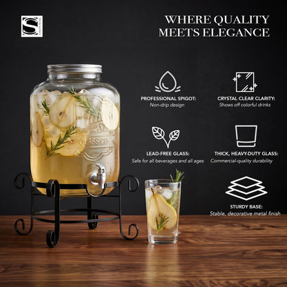 Style Setter Beverage Dispenser Cold Drink Dispenser w/ 3-Gallon Capacity Glass Jug, Metal Stand & Leak-Proof Acrylic Spigot Great for Parties, Weddings & More