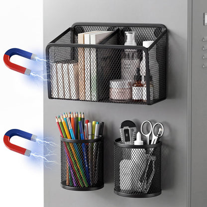 Marspark 3 Pcs Magnetic Pen Holder Set Metal Pencil Holder with Strong Magnets Wire Mesh Storage Basket Organizer for Locker Accessories Whiteboard Refrigerator School Office Dorm (Black)