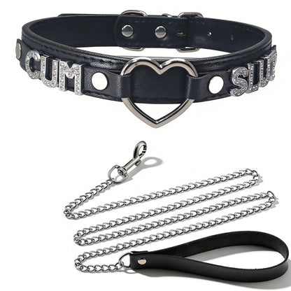 FAYERXL Black Choker Necklace Collar and Leash Set for Women,Gothic Punk Rave Cosplay Festival Leather Collar with Heart and Letter Naughty Jewelry (CU SL)
