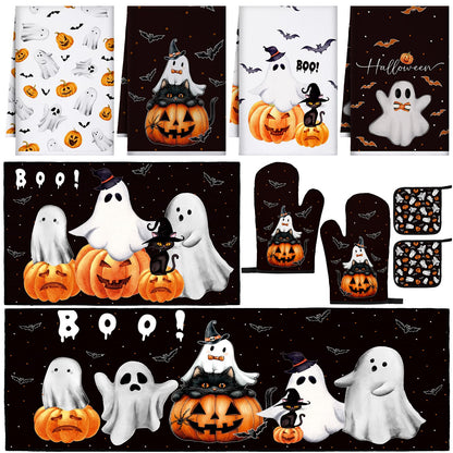 Fourluoo 10 Pcs Halloween Ghost Kitchen Decor Set Kitchen Rugs Dish Towels Oven Mitts and Pot Holders Set Ghost Decorations for Halloween Cooking Baking Grilling