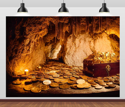 BELECO 10x6.5ft Fabric Mountain Cave Treasuer Chest Backdrop Antique Treasure with Gold Coins Jewelry Background Pirate Theme Party Decorations Halloween Trunk or Treat Decor Photoshoot Studio Props