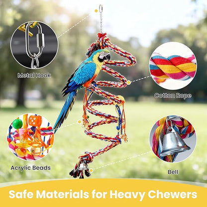 110" Extra Long Bird Rope Perch, 2.4 lb Heavy Duty Cotton Climbing Rope Toy with Bell, Flexible Bungee Swing for Large Parrots Macaw African Grey Cockatoo