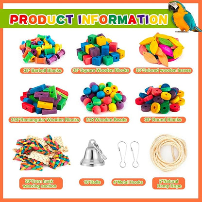 Shappy Large Bird Toy Making Kit, 228 Pcs DIY Parrot Toys Supplies, Natural Wood Chewing Blocks Beads Rope Bell Set for Macaw, Cockatiel, African Grey, Parakeet Cage Enrichment