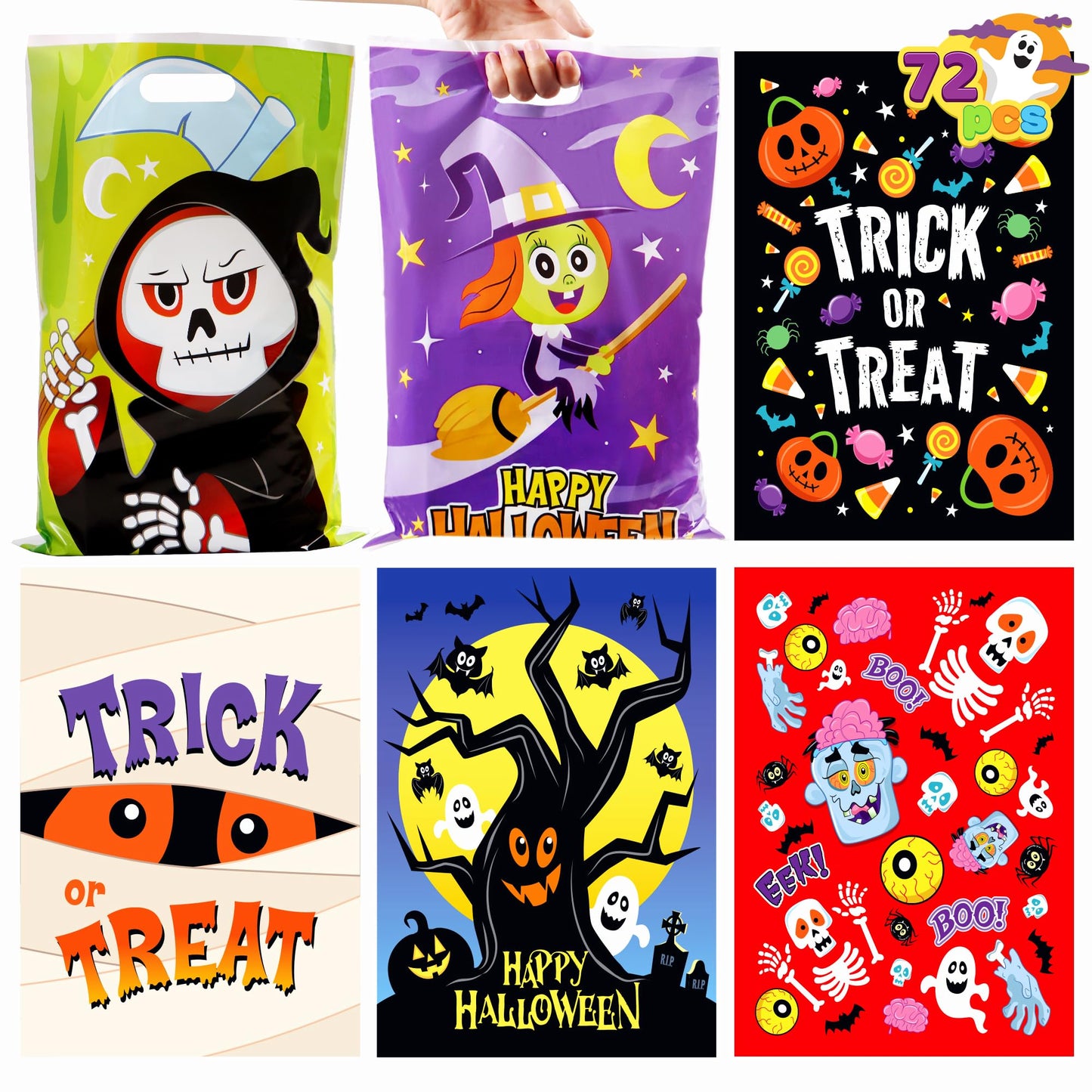 JOYIN 72 Pcs Halloween Candy Bags, Trick or Treating Goodie Bags in 6 Character Themed Designs for Kids Halloween Party Favor, Plastic Snacks Stuffers Bag for Party Supplies