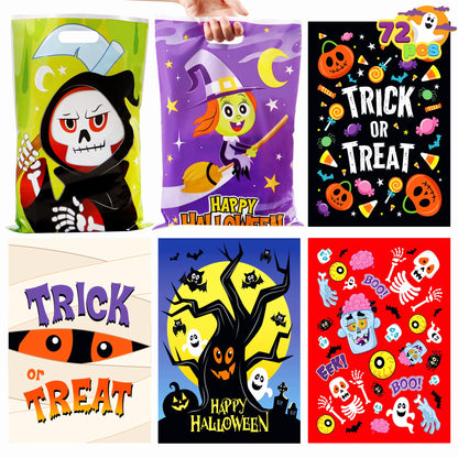 JOYIN 72 Pcs Halloween Candy Bags, Trick or Treating Goodie Bags in 6 Character Themed Designs for Kids Halloween Party Favor, Plastic Snacks Stuffers Bag for Party Supplies