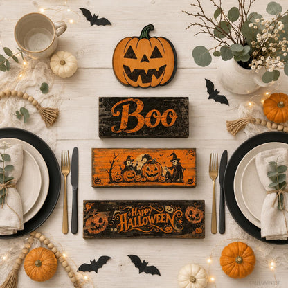 4 Pcs Halloween Decorations Scary Pumpkin Wooden Signs Farmhouse Rustic Tiered Tray Decor Boo Happy Halloween Tabletop Centerpiece for Home Kitchen Shelf Mantel