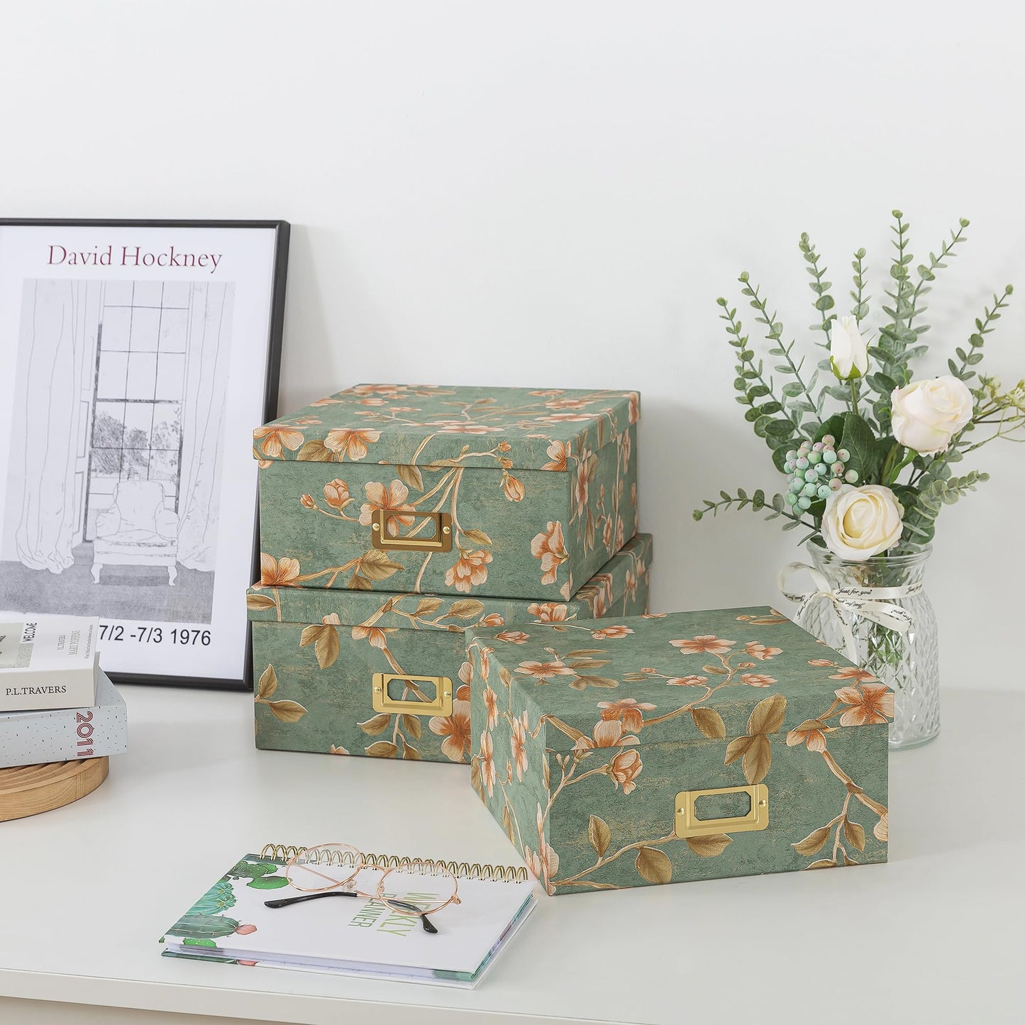 Soul & Lane Decorative Cardboard Storage Boxes - Set of 3 Square Stacking Boxes with Lids and Gold Label Holders, Nesting Photo Storage for Decor and Organizing, Botanical Sage