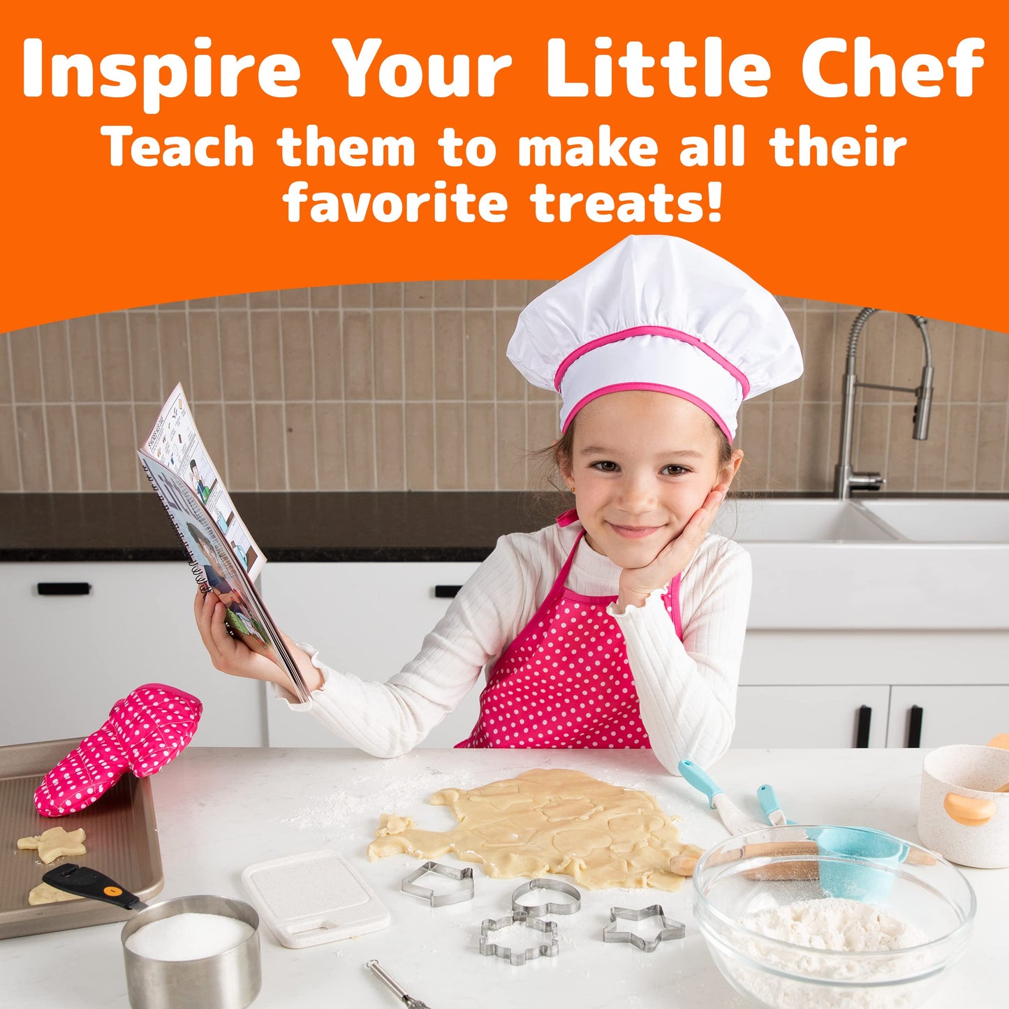JaxoJoy Kids Cooking and Baking Chef Set for Little Girls, Complete Cooking Sets, Toddler Dress Up and Pretend Play Dress Up Clothes for Girls, Kitchen Toys 3-5 Years Old with Kids Aprons
