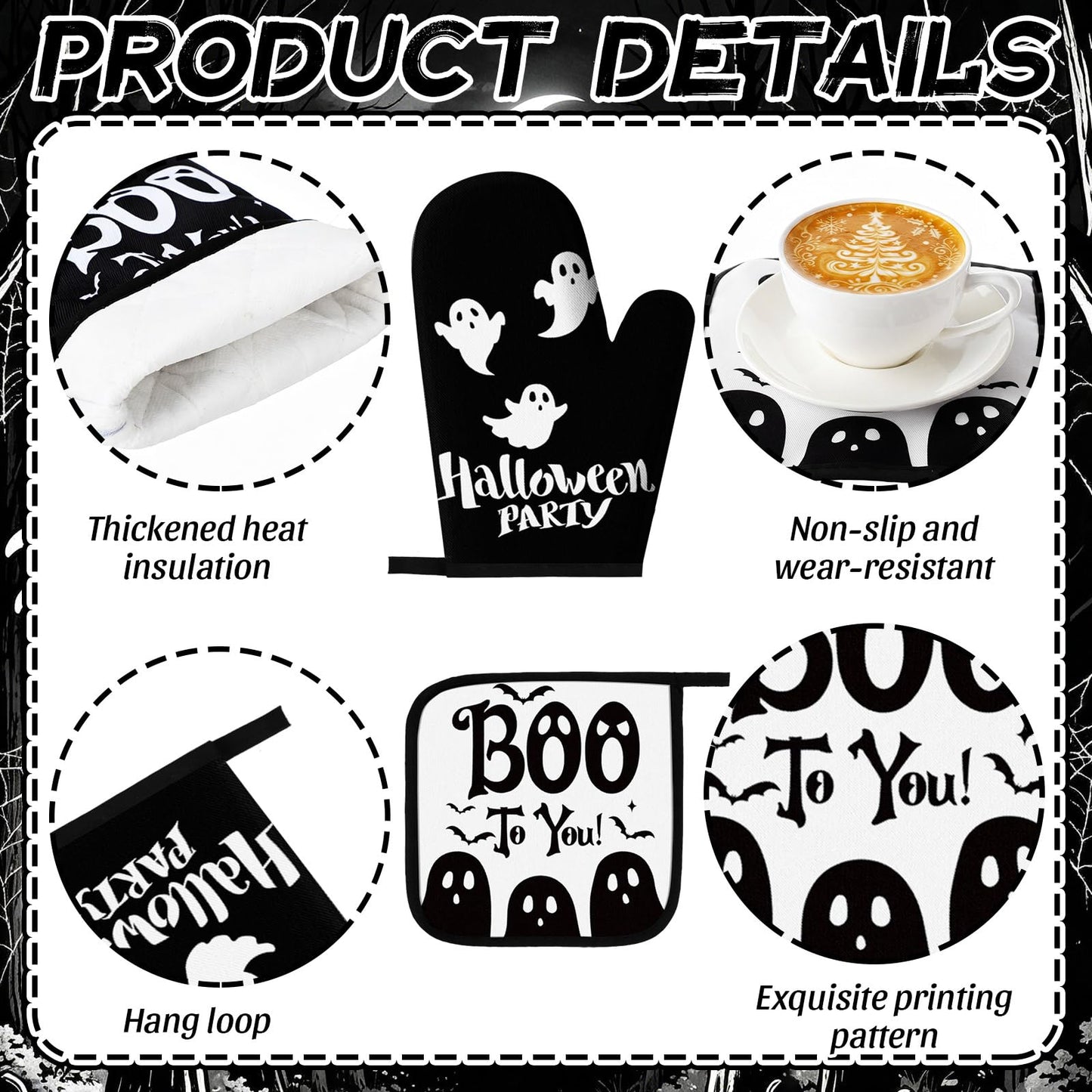 Fanfanwin 10 Pcs Halloween Ghost Kitchen Decor Set Ghost Kitchen Rugs Towels Pot Holders Oven Mitts Set for Baking Cooking BBQ Halloween Decorations