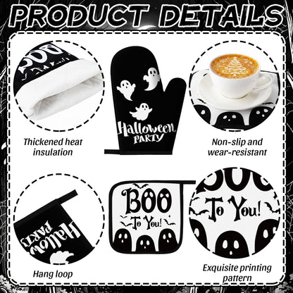 Fanfanwin 10 Pcs Halloween Ghost Kitchen Decor Set Ghost Kitchen Rugs Towels Pot Holders Oven Mitts Set for Baking Cooking BBQ Halloween Decorations