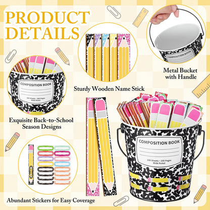 ReliThick 101 Pcs Compositoin Notebook Flip Name Sticks with Metal Buckets Back to School Talking Sticks with Metal Holder Set for Classroom Management Tool Teacher Essentials Educational Activities