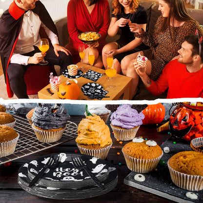 Havawish 122pcs/ 24 Set Halloween Paper Plate and Napkin Hey Boo Tableware Set Include 48 Spooky Black White Ghost Plate 50 Cocktail Napkins 24 Forks for Halloween Birthday Party Decoration, Serve 24