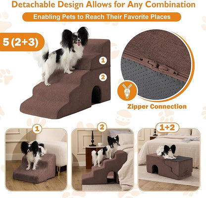 Dog Stairs for Bed 23’’ H, 5-Step Dog Steps for High Bed, Foldable Pet Stairs for Small Dogs and Cats to Get on Beds, Couch, Non-Slip Balanced Pet Steps and Ramp with Waterproof Cover, Brown