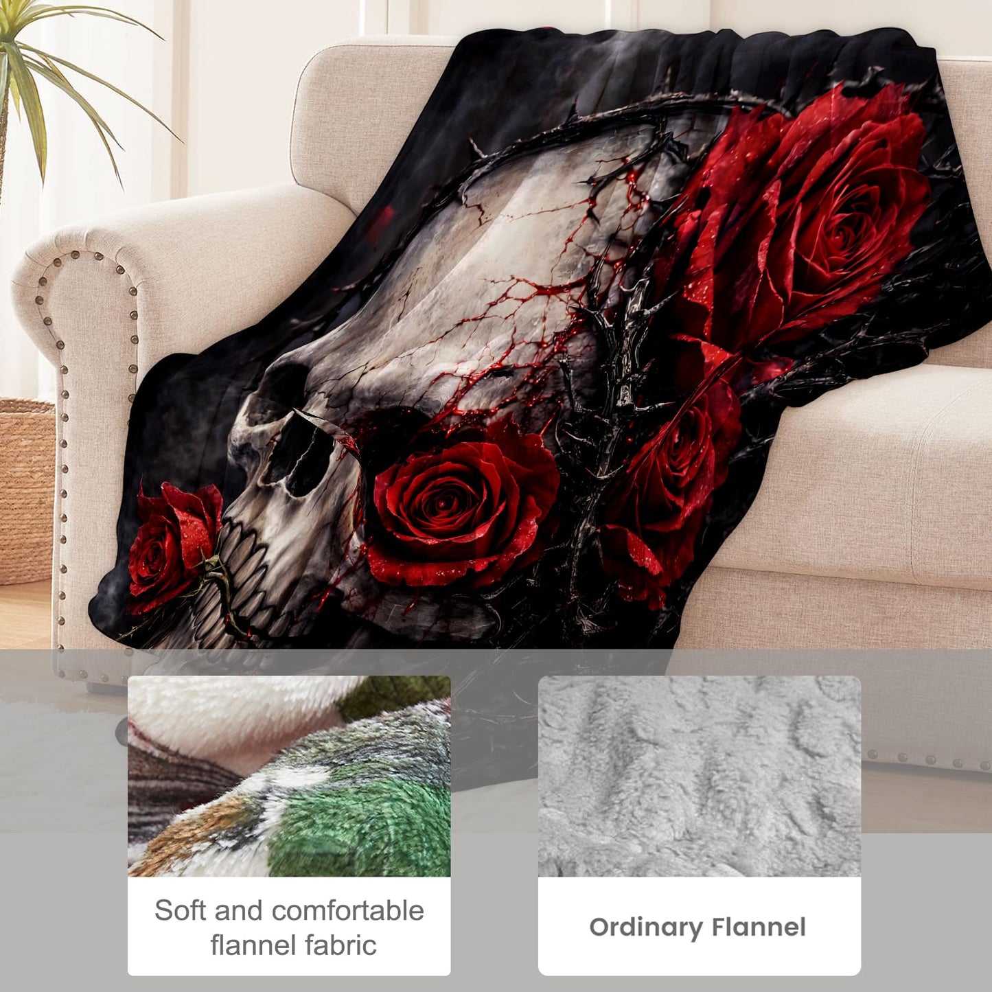 cromcu Gothic Skull Rose Flannel Throw Blanket, 50x60in, Soft Warm Cozy Blankets with Skull and Red Rose, Gothic Gifts for Women Skeleton Lovers, Halloween Home Decor Dorm Office Travel Camping