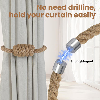 Magnetic Curtain Tiebacks, Decorative Jute Curtain Holdbacks for Draperies, Elegant Hand Weave Rope Knot Curtain Tie Backs, Boho Curtain Tiebacks for Home Office Bedroom Decor(Jute,4Pack)