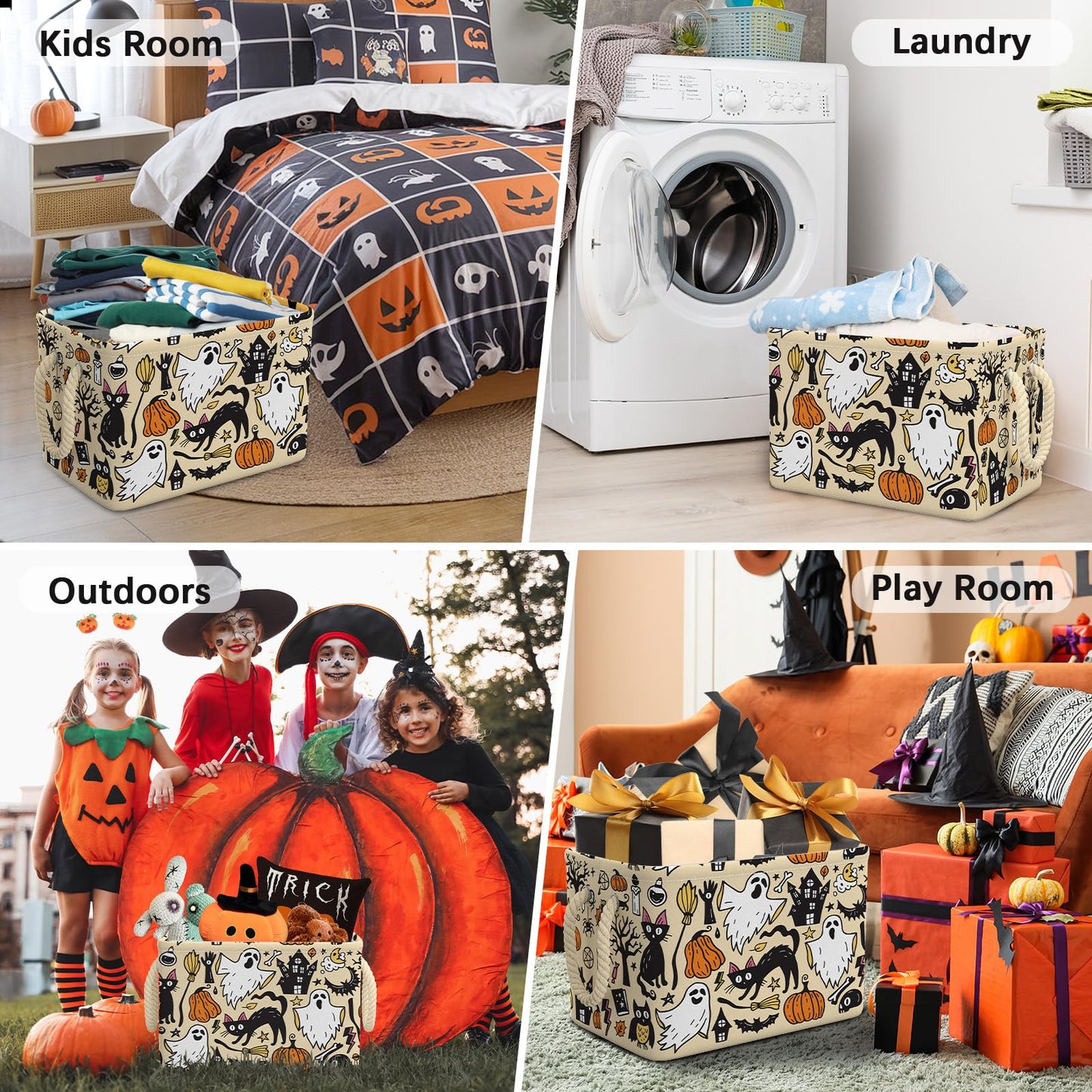 Casuru Halloween Ghost Basket Pumpkin Black Bat Boo Spooky Basket with Handles Foldable Halloween Gifts Storage Bins Boxes for Party Home Bedroom Decor
