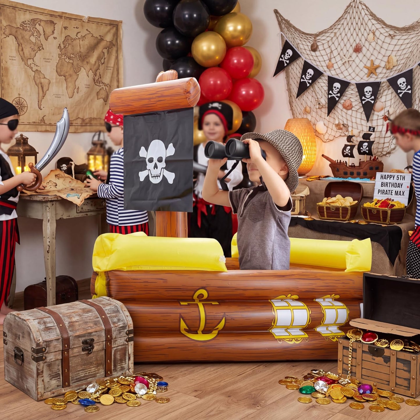 Cunhill Inflatable Pirate Ship Cooler Summer Inflatable Cooler for Birthday Gasparilla Party Decorations Pool Party Supplies Food Tray Beverage Serving Containers Ice Holder