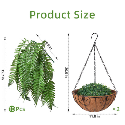 FancyPlus Artificial Hanging Plants Outdoor, UV Resistant Fake Fern Faux Greenery 2 Set for Outside Planter Patio Home Garden Decor (10 Branches&2 Basket)