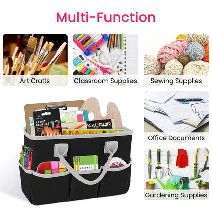 Godery Desktop Tote and Stock Organizer, Teacher Helper Tote Bag Organization for Arts, Books, Stationery, Office Desk Organizer, Make-up Storage Tote with Handles for Travel, Black-Gray