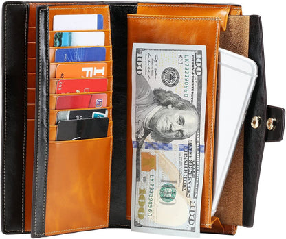Itslife Womens Wallet Leather RFID Blocking Large Capacity Luxury Wax Genuine Leather Clutch Wallet with Card Holder