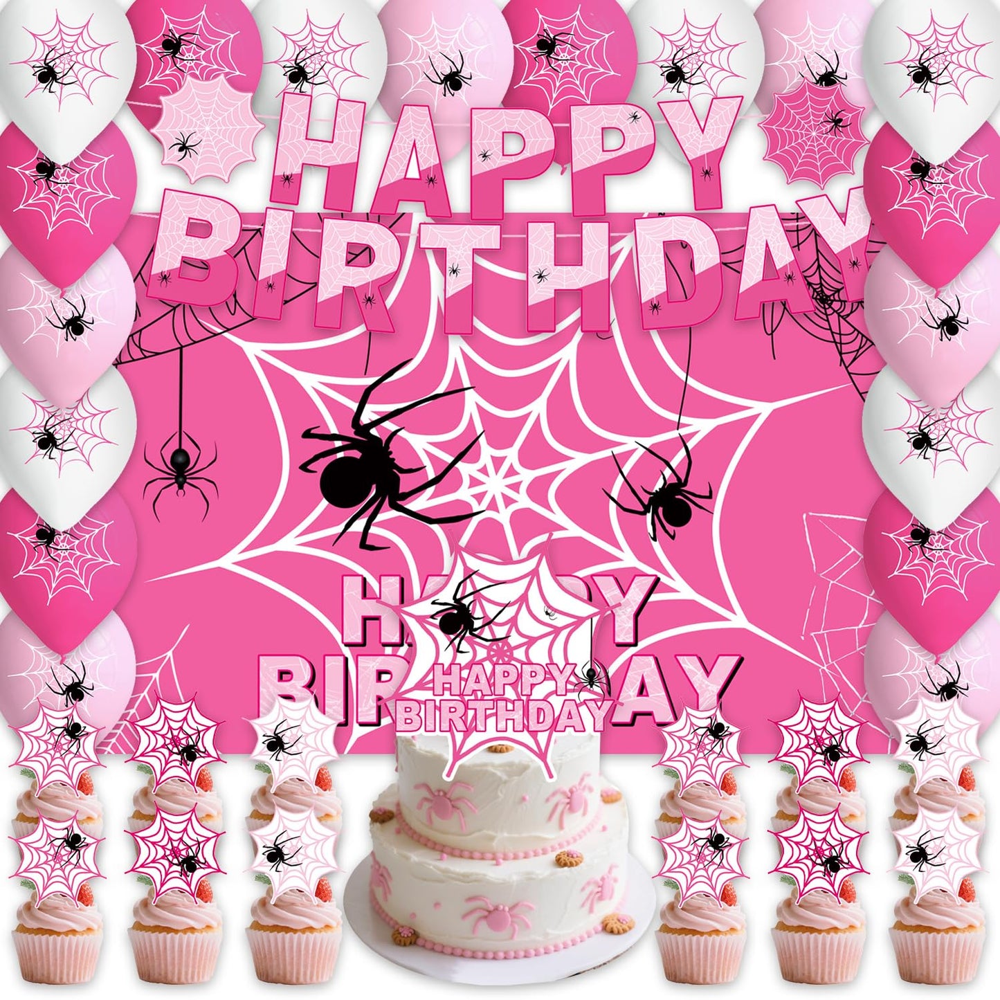 42Pack Spider Theme Party decoration pack include Banner,Cake Toppers,Balloons，Blackdrop for Spider Theme Birthdday Party Decoration