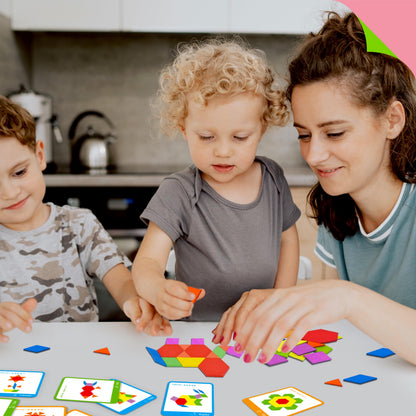 155 PCS Wooden Pattern Blocks Set, 24 Double-Sided Design Cards(48 Patterns) Geometric Shape Puzzle Fun Tangram Montessori Learning Toys for Kids Ages 4-8 (A Storage Bag & A Gift Box)