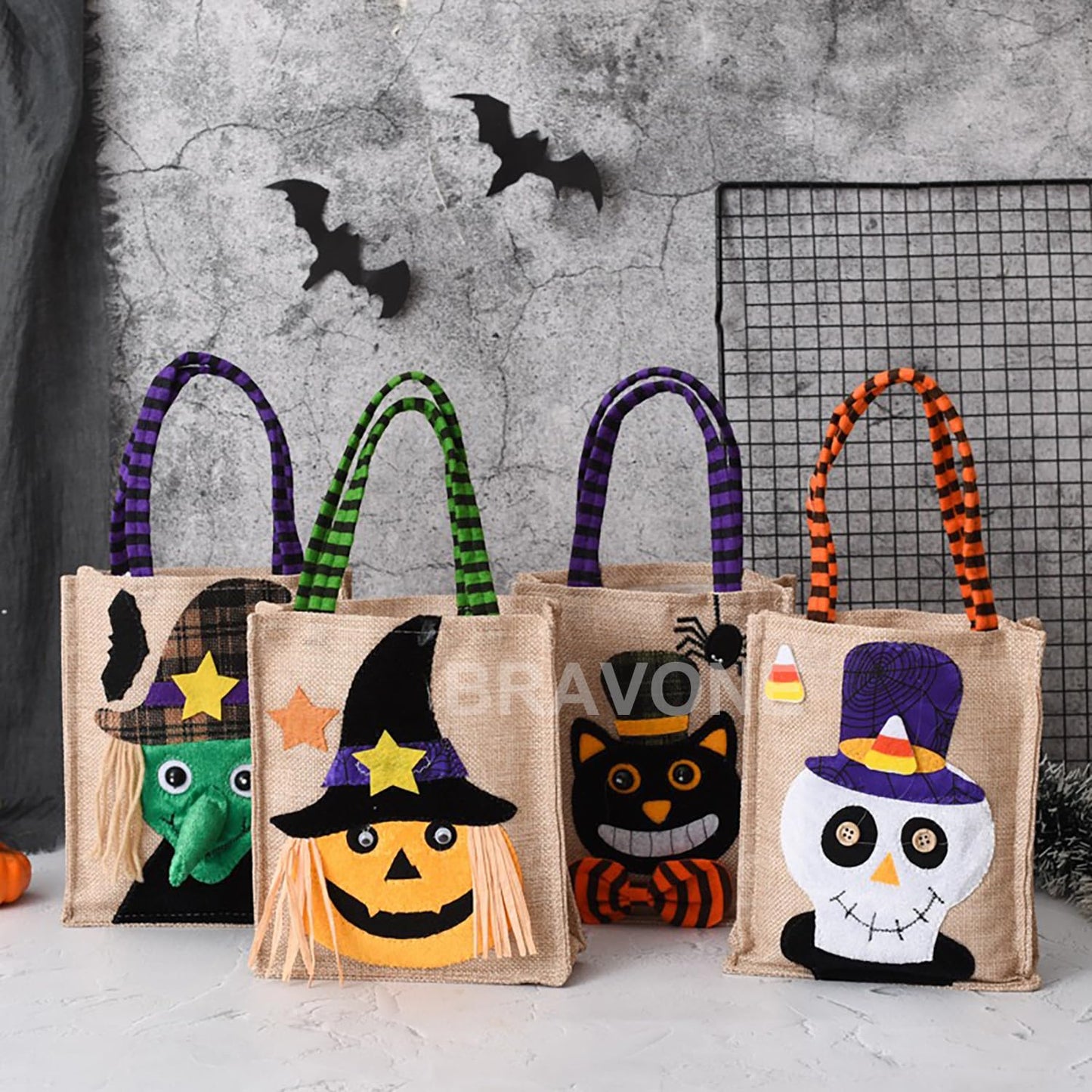 BravOne Halloween Trick or Treat Bags, 4 PCS Cute Pumpkin & Witch & Black Cat & Skeleton Halloween Candy Bucket For Kids - Small Reusable Burlap Tote Bag with Handles for Party Favor Supplies (#A)