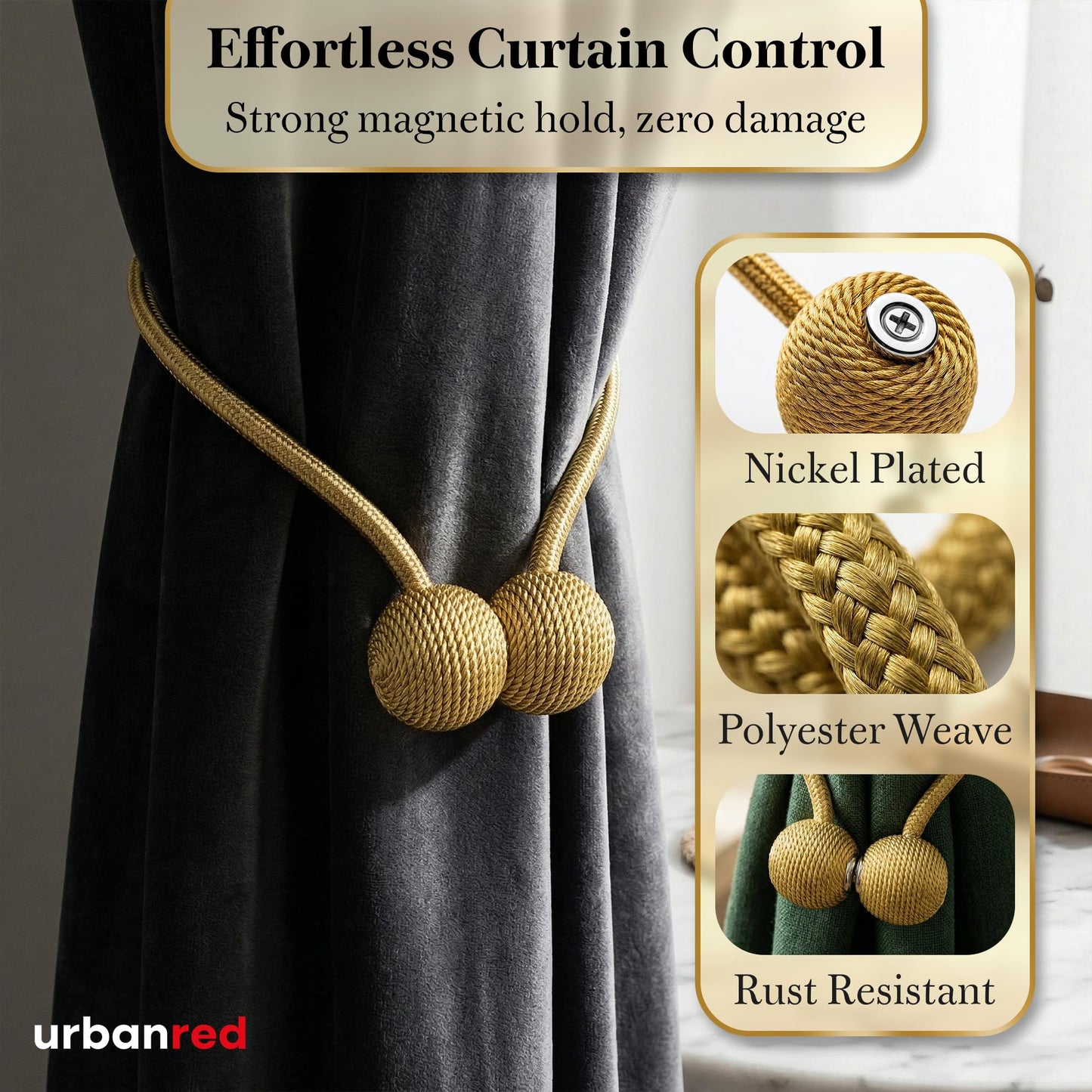 Magnetic Curtain Tiebacks 2 Pcs Curtain Holdbacks, Woven Tie Hold Back for Curtains, Stylish Decorative Holdbacks for Drapes, Gold