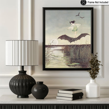 Poster Master Vintage A Winged Fairy and Black Bat Poster - Fairytale Print - Mythical Art - Fairy Art - Sunset Creative - Halloween Showcase - Aesthetic Living Room or Bedroom Display - 8x10 UNFRAMED Wall Display