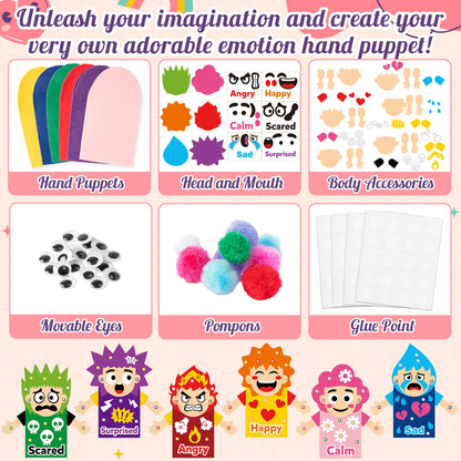WATINC 6Pcs Hand Puppet Making Kit, Art Craft Felt Sock Puppet Toys, Creative DIY Make Your Own Pompoms Wiggle Googly Eyes Storytelling Role Play Party Supplies Calming Corner Items Kids (Emotion)