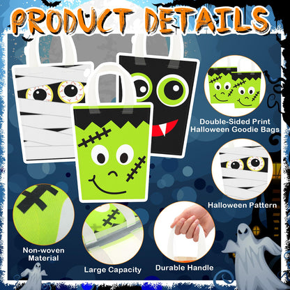 Sratte 24 Pack Halloween Non-Woven Treat Bags 6 Cute Patterns Design Trick or Treat Reusable Candy Goodies Bags with Handle Pumpkin Ghost Bat for Halloween Party Favors(10.63" x 9.06")