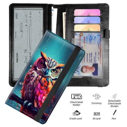 WZCJDHMJ Leather Checkbook Covers for Personal Checkbook Check book Holder Cover Wallets for Women Men,RFID-Blocking Slim Checkbook Cover for Duplicate Checks with Elastic Strap,Colorful Owl