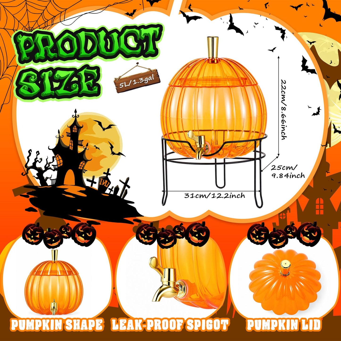Romooa 1.3 Gallon Halloween Plastic Drink Dispenser with Metal Stand Spigot Pumpkin Shaped Drink Dispenser Beverage Flask with Spigot for Fall Harvest Summer Halloween Autumn Party Supplies(Orange)