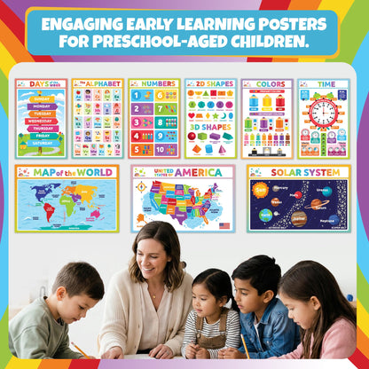 Sproutbrite 12 Pack 11" x 17" Academic Foundation - Educational Posters & Charts for Classroom - Covers Geography, the Solar System, time, Alphabet Recognition, 2D Shapes and More