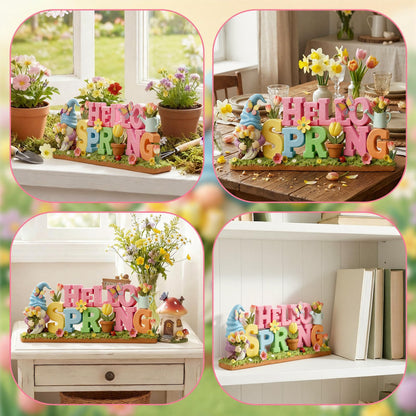 Simgoing 1 Pack Hello Spring Table Decoration Resin Spring Gnome Decorations for Home Pastel Flower Table Sign Festive Floral Statue Tabletop Centerpiece for House Tabletop Tiered Tray Fireplace Decor