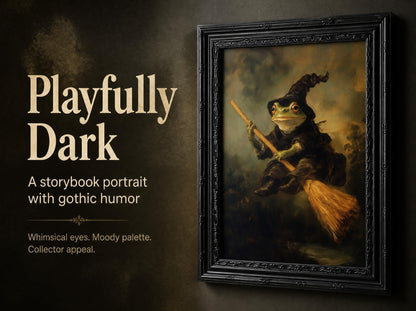 KKP Vintage Frog Witch Wall Art, Framed Goth Frog on Broom Canvas Prints