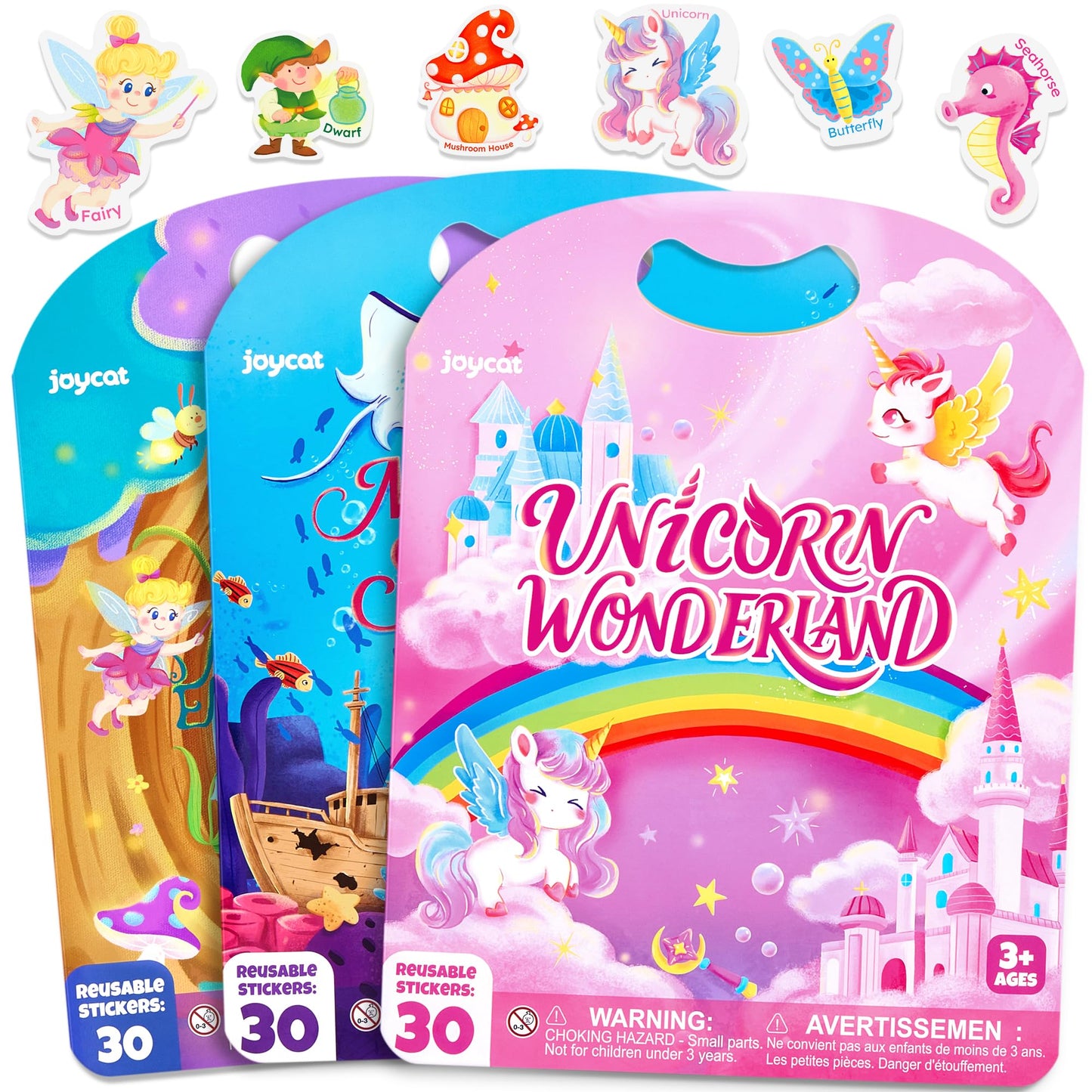 JoyCat Reusable Sticker Book Set (3-Pack): Unicorn, Fairies, Mermaid - 90 Pcs Stickers for Toddlers, Kids Sticker Activity Book, Road Trip Travel Toys, Party Favors, Birthday Gifts for Baby Girls