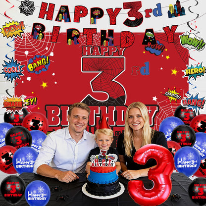 Spider 3rd Birthday Decorations, Red Black Happy 3rd Birthday Banner Backdrop Hanging Swirls Number 3 Balloons Cake Topper for Kids 3 Years Old Spider Web Cartoon Party Supplies Favors Third Decor
