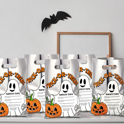 Hosuly 100 Pcs Trick or Treat Reflective Goodie Bags Bulk Halloween Plastic Gift Bags Safety Tips with Handles for Halloween Trick or Treat Themed Party Favors