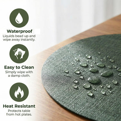 BARTHKIT Placemats Set of 6 - Washable Heat Resistant Table Placemats - Wipeable Faux Leather Oval Place Mats, Waterproof Table Mats for Dining Table, Green