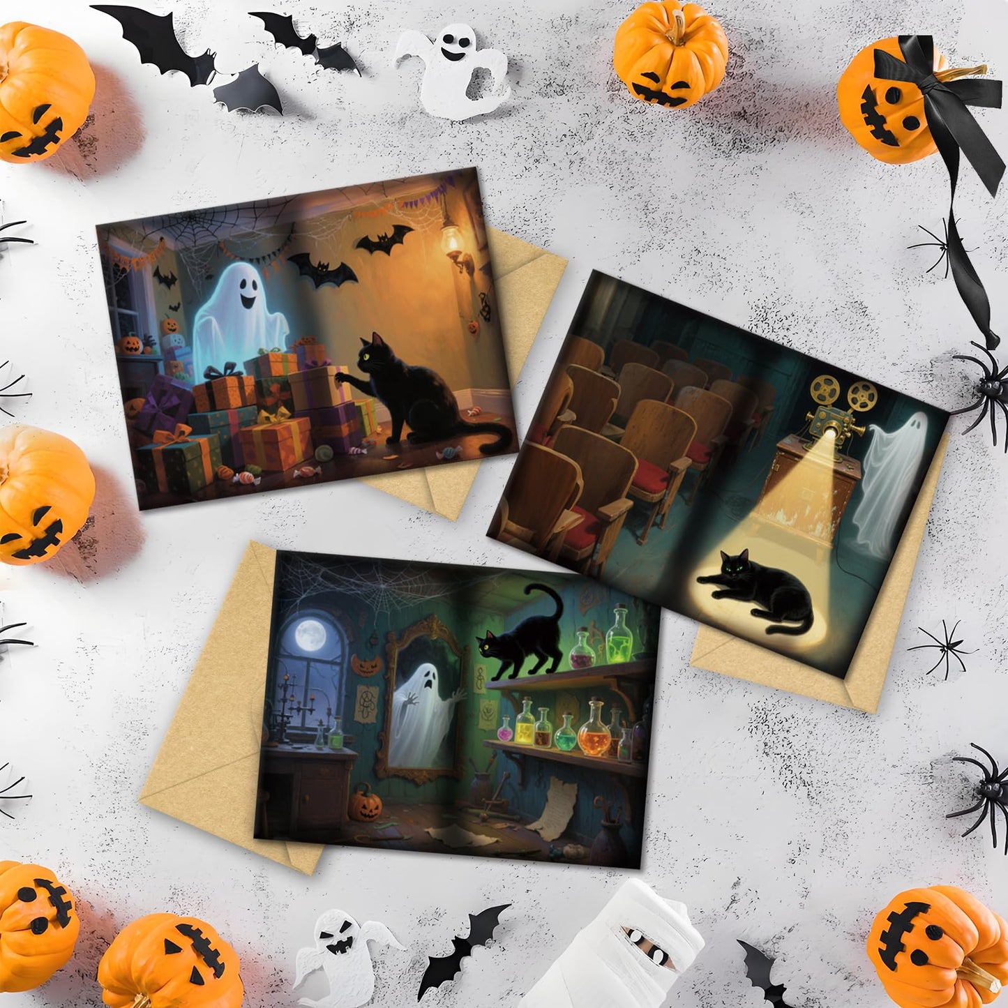 SuperShunhu 24 Pack Black Cat & Ghost Themed Halloween Card Set, Boxed Halloween Cards for Friends and Family, Spooky Blank Note Cards with Cats and Ghosts, 4 * 6 in
