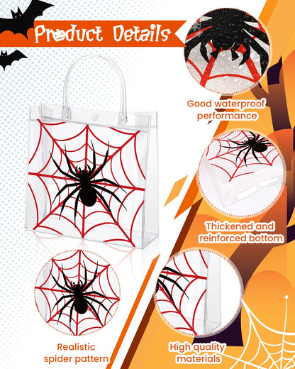 Liobelon 24 Pieces Spider Party Favor Gift Bags Spider Clear PVC Gift Bags with Handles 8 x 8 x 3.2inches Transparent Treat Snack Bag for Birthday Insect Theme Gothic Style Party